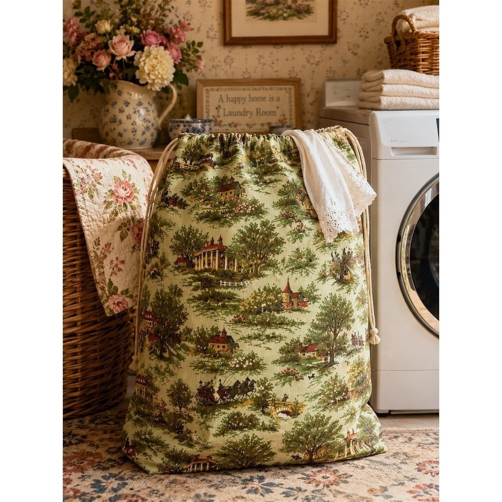 Vtg Toile Scenic‎ Drawstring Laundry Bag Large 31x19 linens hamper countryside